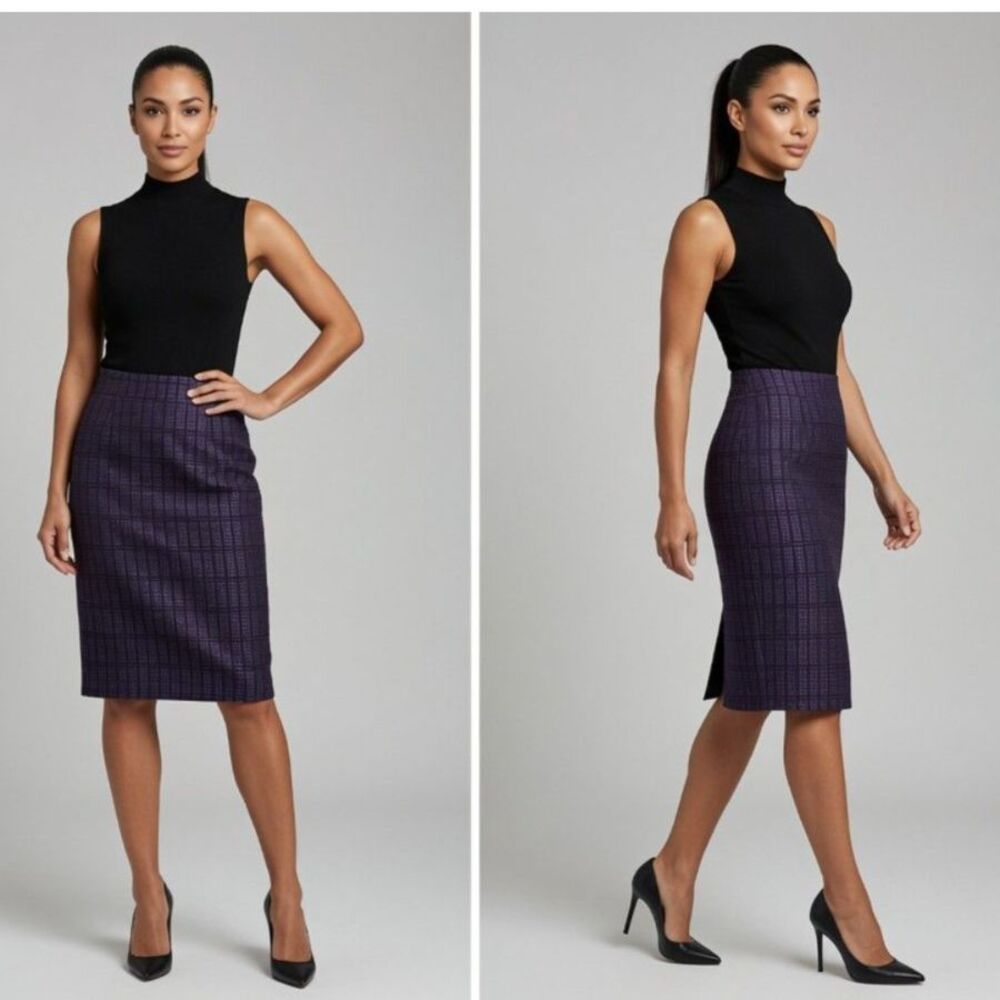 Ann Taylor Purple Black Plaid Pencil Skirt Size 10 Back Zip Slit